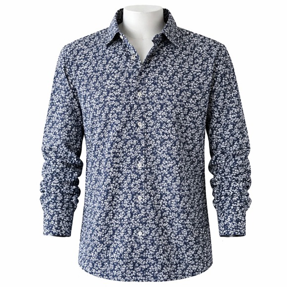 J Ferrar 2X-Large Slim Fit Stretch Floral Print Blue/White  Long Sleeve Shirt - Picture 2 of 7
